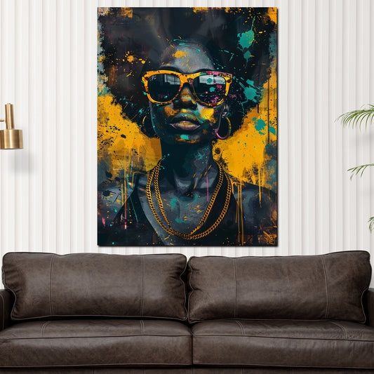 Quadro donna africana con occhiali da sole moderna e colorata
