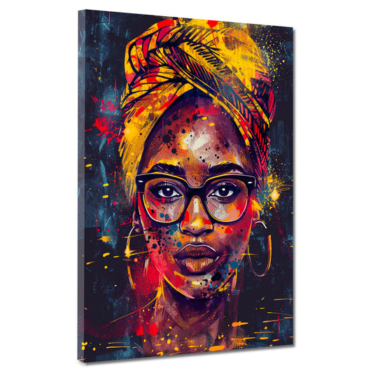 Quadro donna africana moderna con occhiali e turbante stile pop art