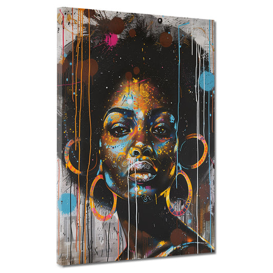Quadro donna africana moderna con orecchini colorati in stile pop art
