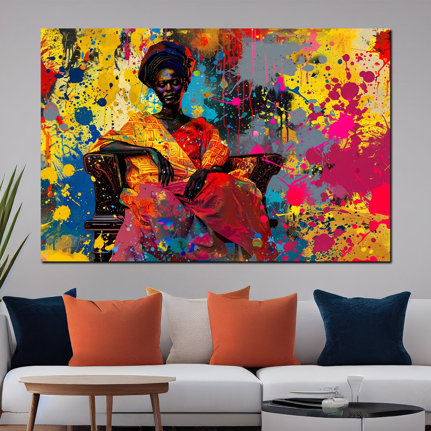 Quadro donna africana seduta con vestito tradizionale colorato stile