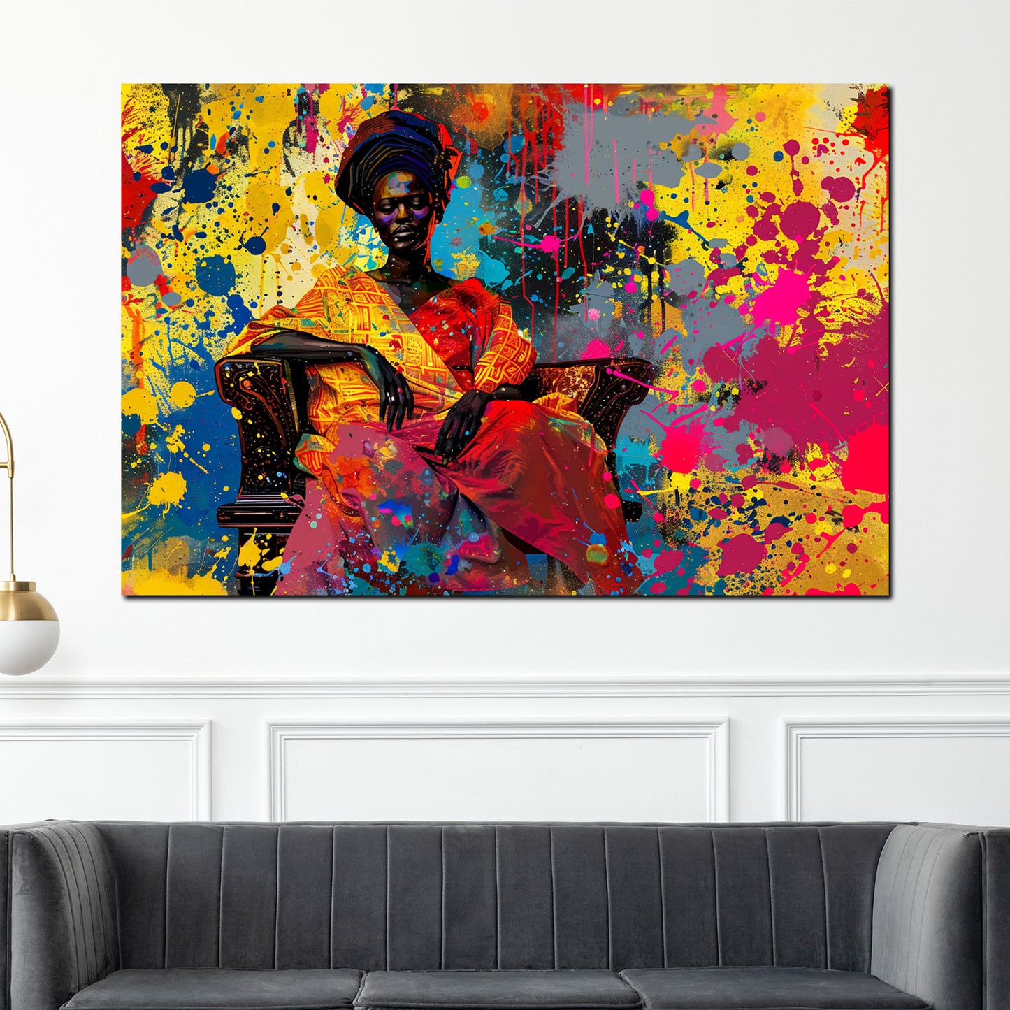 Quadro donna africana seduta con vestito tradizionale colorato stile