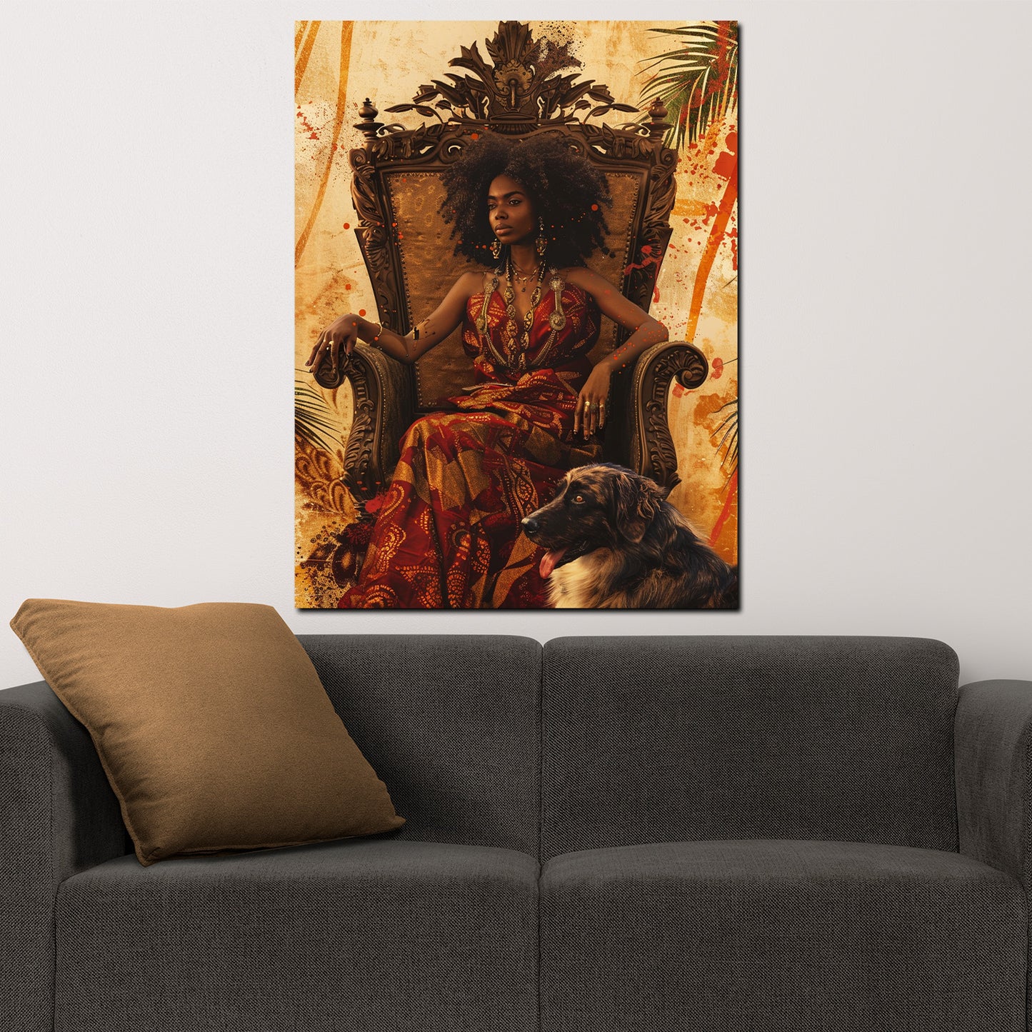 Quadro donna africana su trono con cane arte moderna