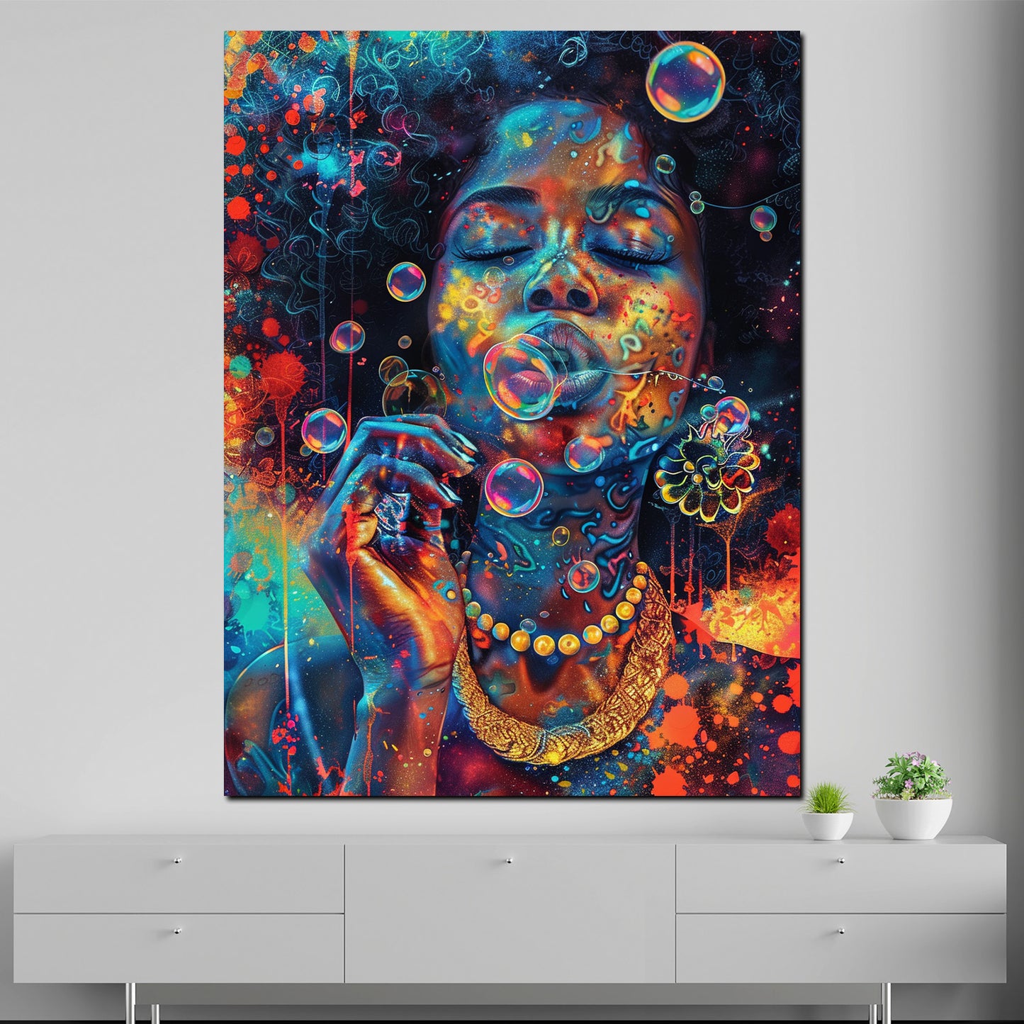 Quadro donna afroamericana bolle di sapone pop art