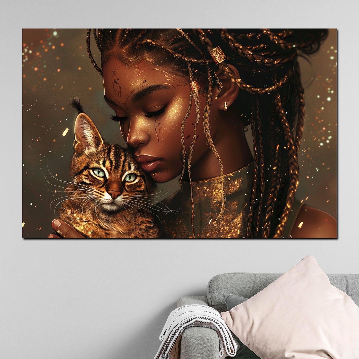 Quadro donna afroamericana con gatto arte moderna oro