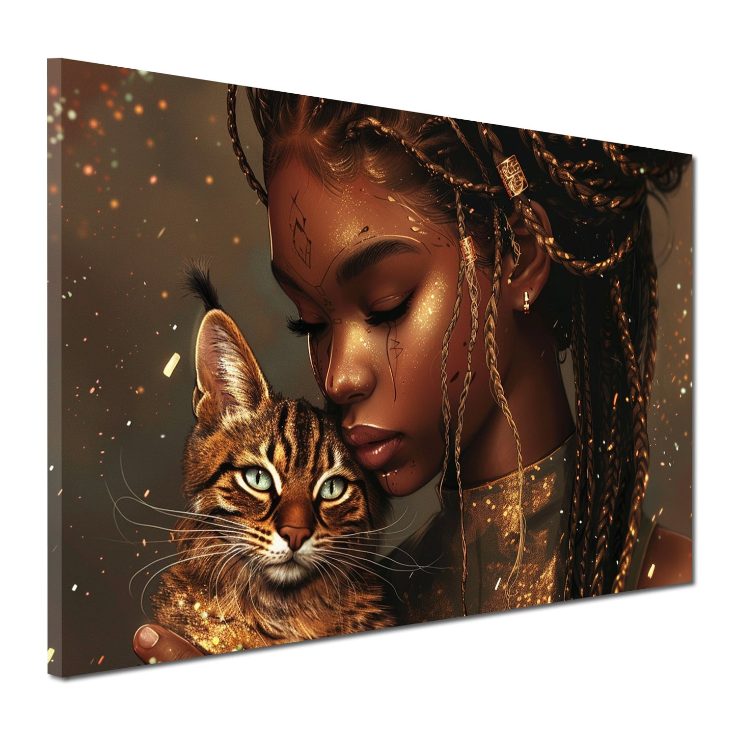 Quadro donna afroamericana con gatto arte moderna oro