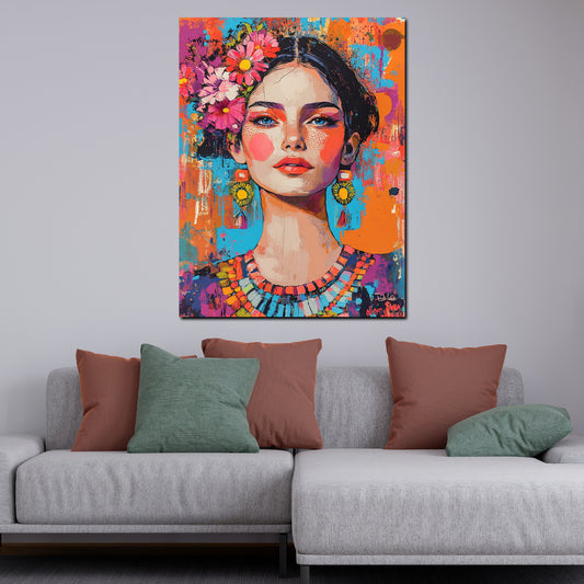 Quadro donna con fiori colorato pop art moderno vivace