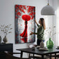 Quadro donna con vestito rosso ombrello autunno romantico moderno