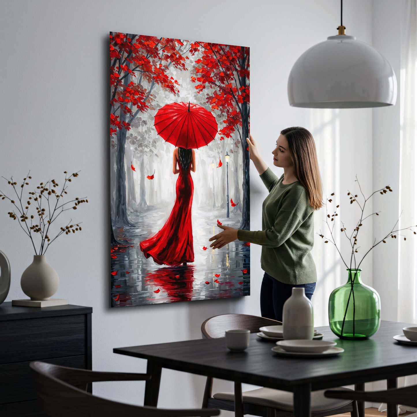 Quadro donna con vestito rosso ombrello autunno romantico moderno