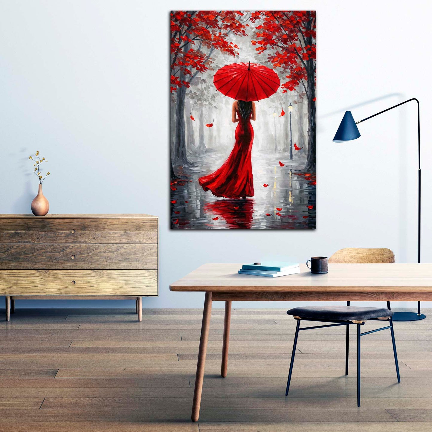 Quadro donna con vestito rosso ombrello autunno romantico moderno