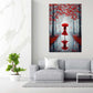 Quadro donna con vestito rosso ombrello viale autunnale romantico moderno
