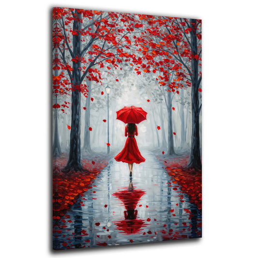 Quadro donna con vestito rosso ombrello viale autunnale romantico moderno