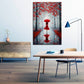 Quadro donna con vestito rosso ombrello viale autunnale romantico moderno