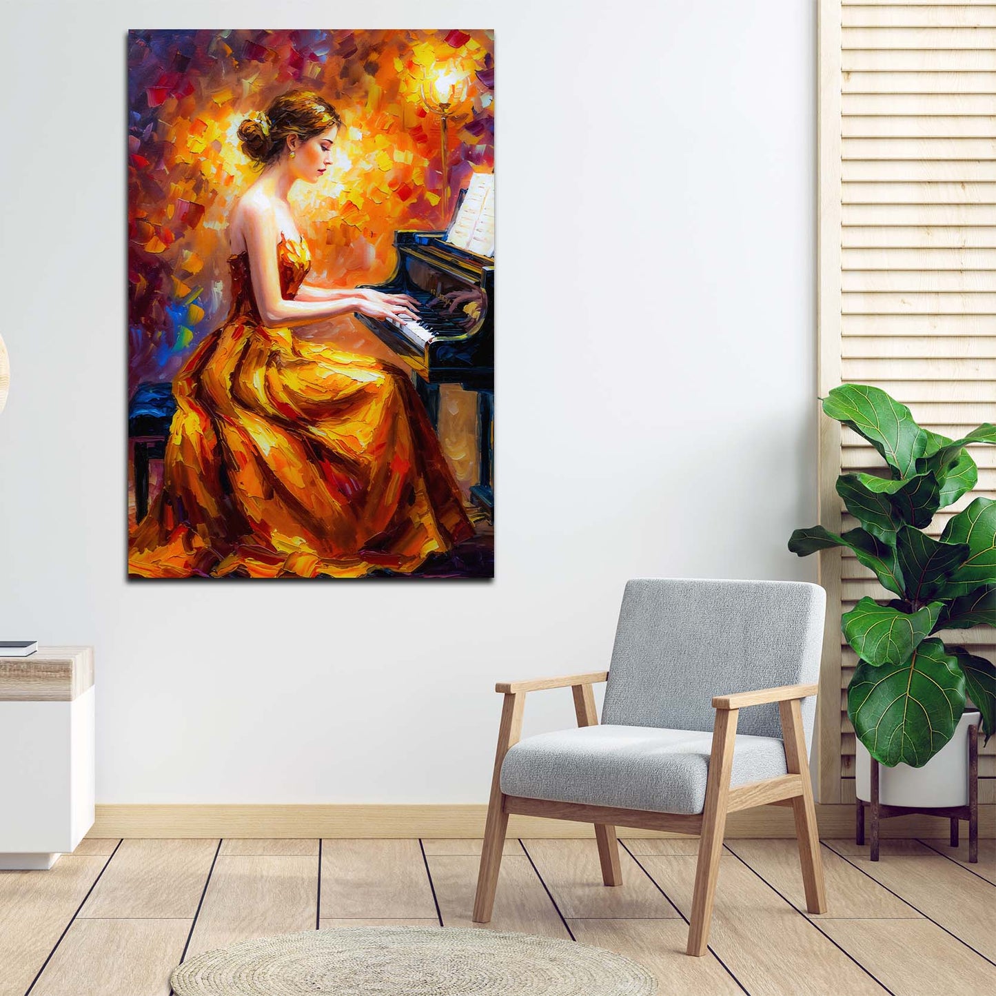 Quadro donna elegante pianoforte musica colorato moderno