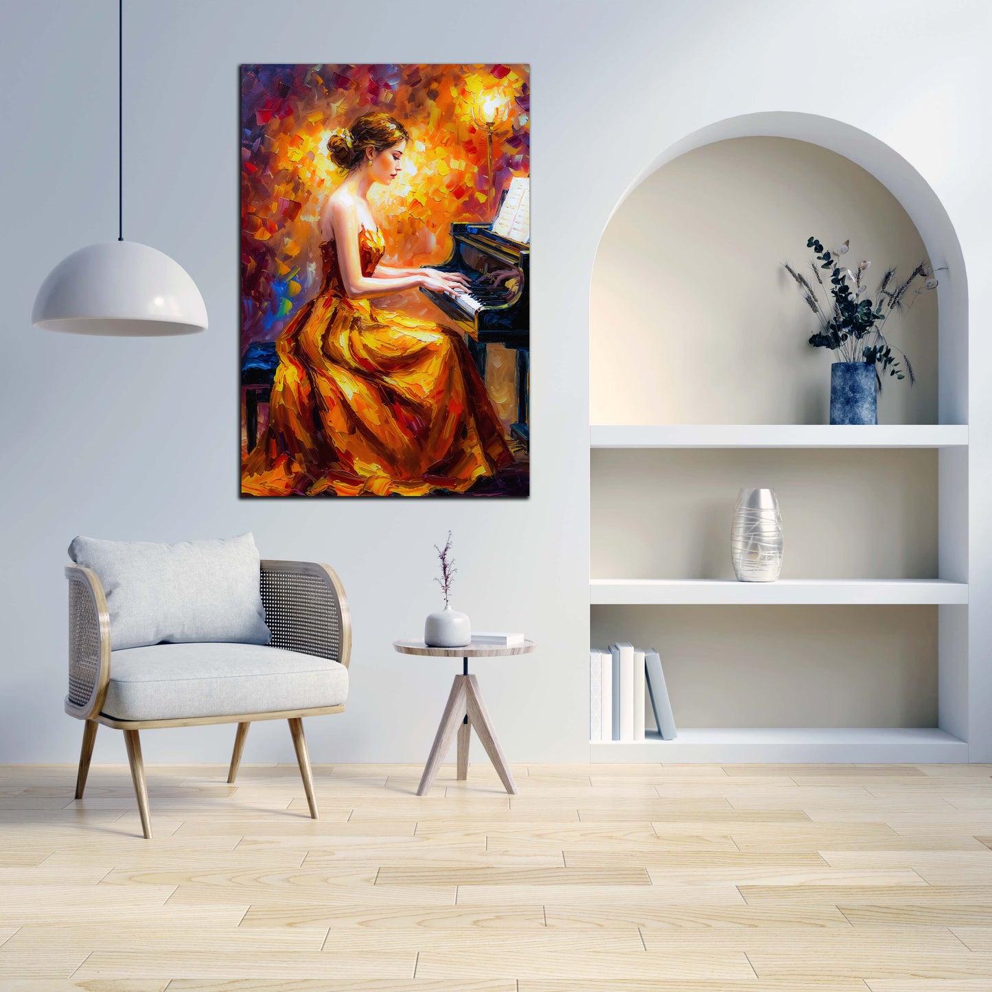 Quadro donna elegante pianoforte musica colorato moderno