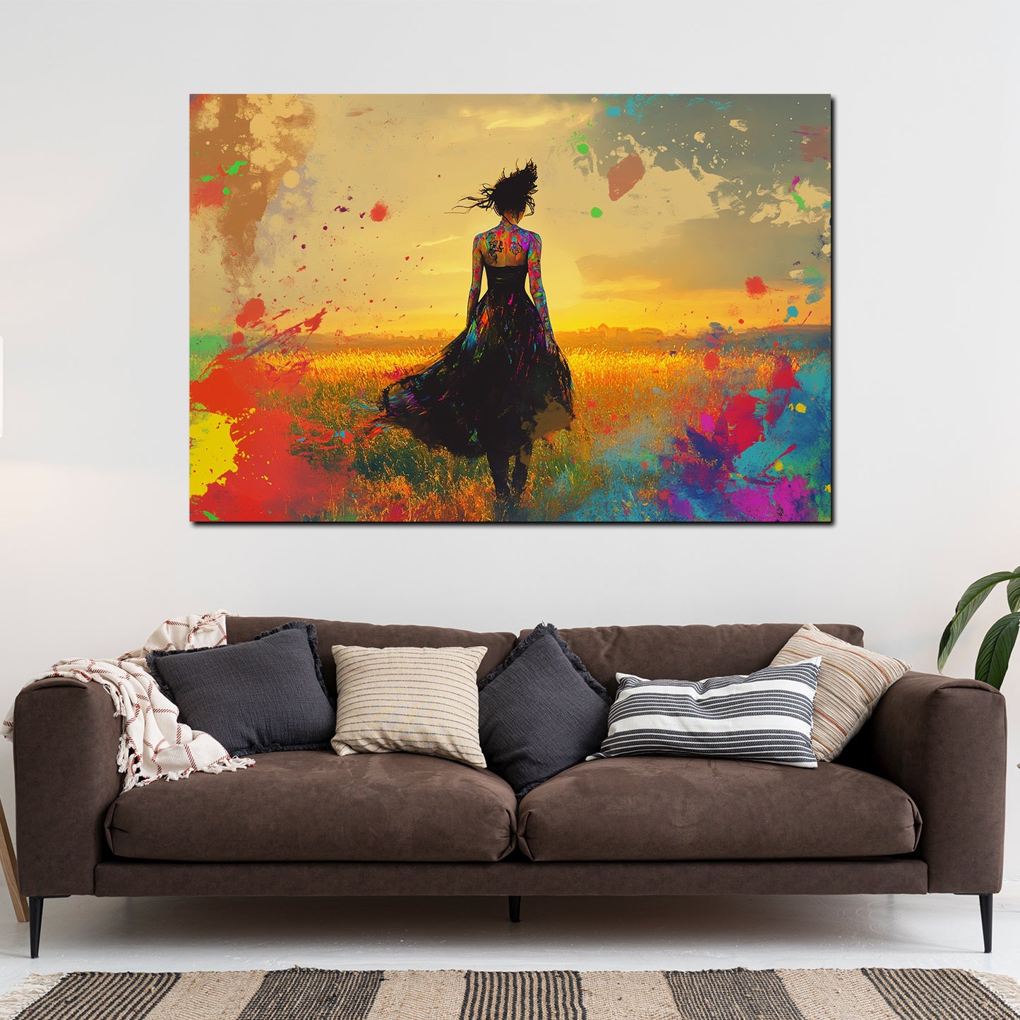 Quadro donna nel campo pop art tramonto colorato