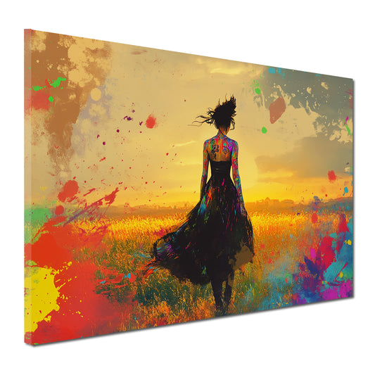 Quadro donna nel campo pop art tramonto colorato