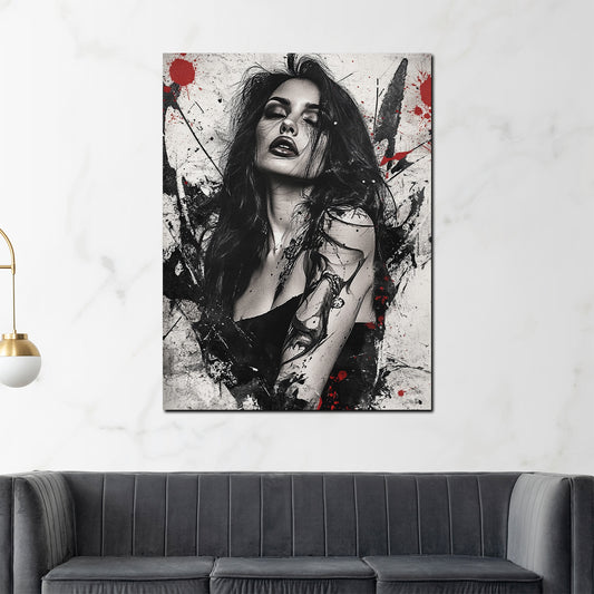 Quadro donna sensuale bianco e nero con dettagli rossi