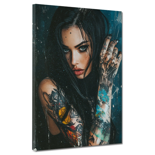 Quadro donna tatuata sguardo intenso moderno misterioso