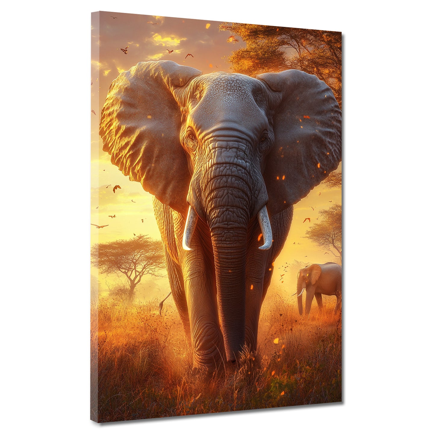 Quadro elefante nella savana al tramonto con colori caldi e atmosfera magica