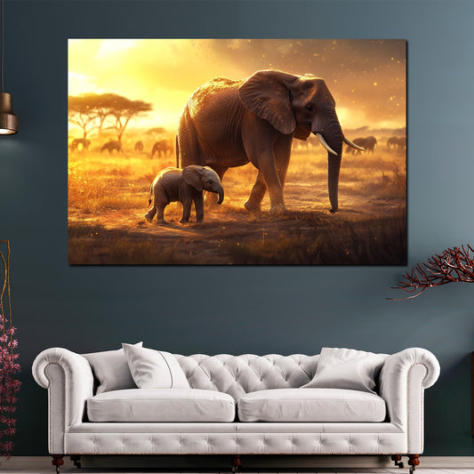 Quadro elefanti madre e cucciolo savana luce amore natura