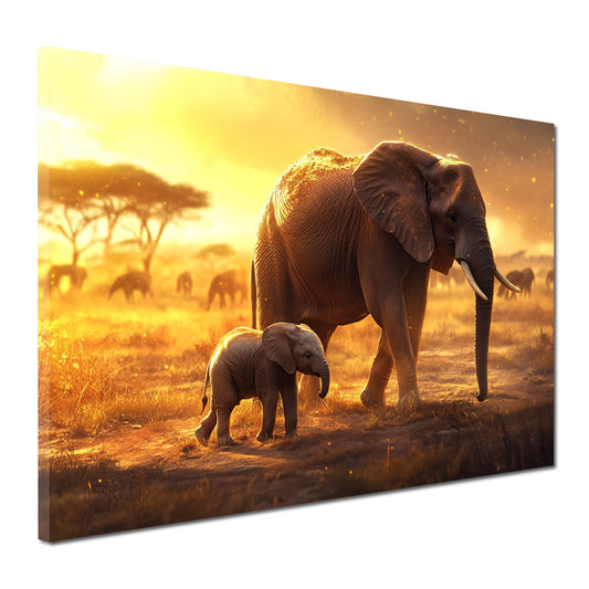 Quadro elefanti madre e cucciolo savana luce amore natura
