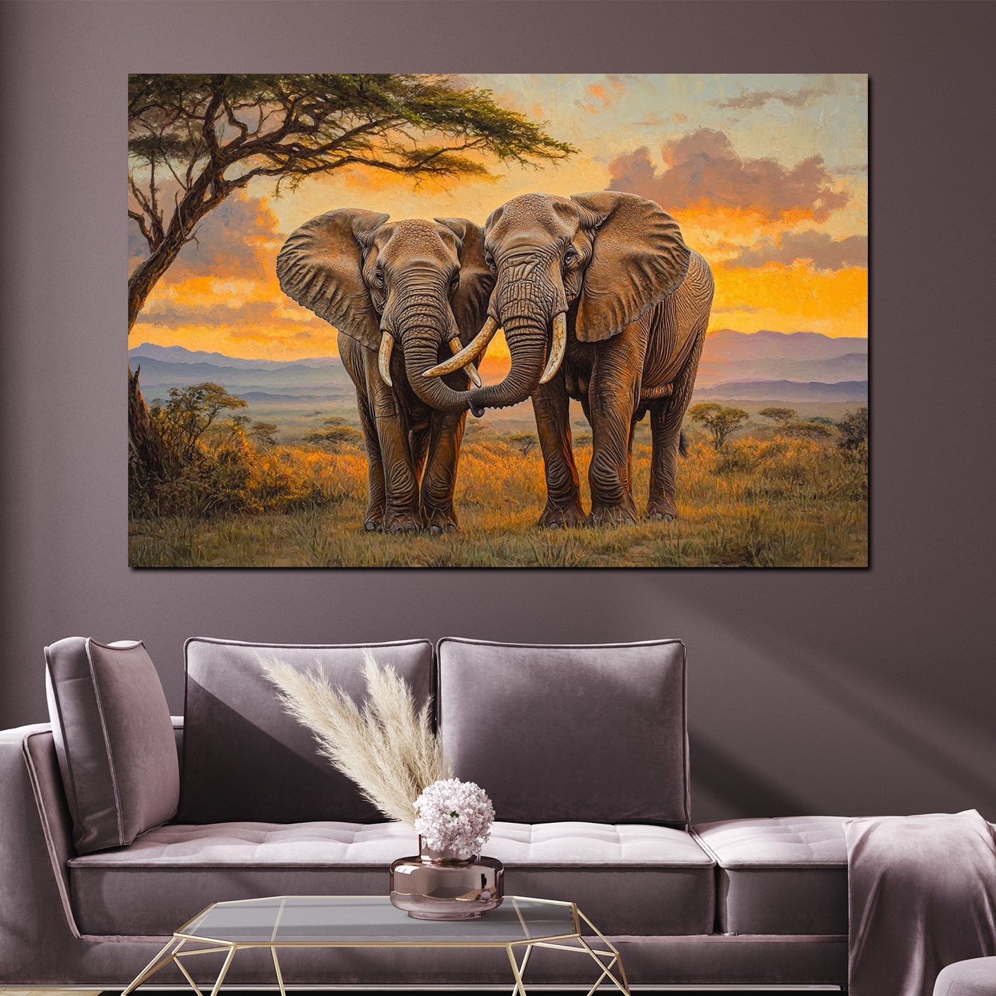 Quadro elefanti tramonto africa savana natura legame armonia