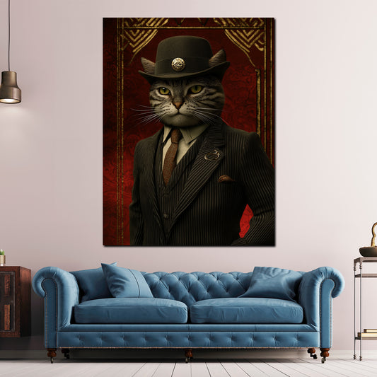 Quadro gatto boss mafioso con cappello abito autorità stile vintage moderno
