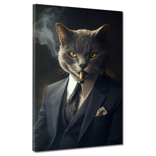 Quadro gatto carismatico in abito che fuma potere eleganza moderno