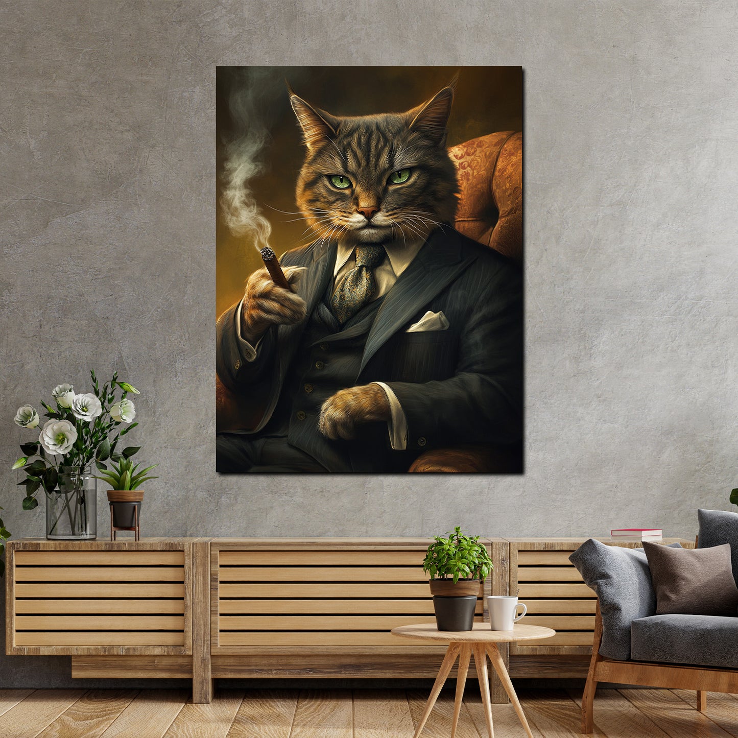 Quadro gatto carismatico in abito che fuma stile autorità lusso moderno
