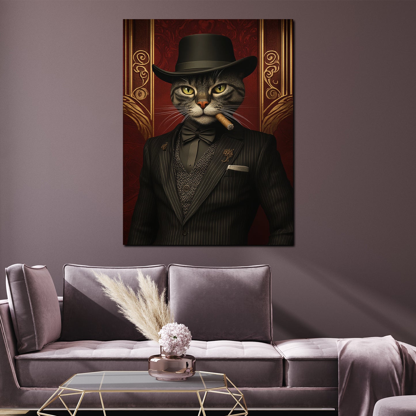 Quadro gatto elegante che fuma con cappello abito stile vintage moderno