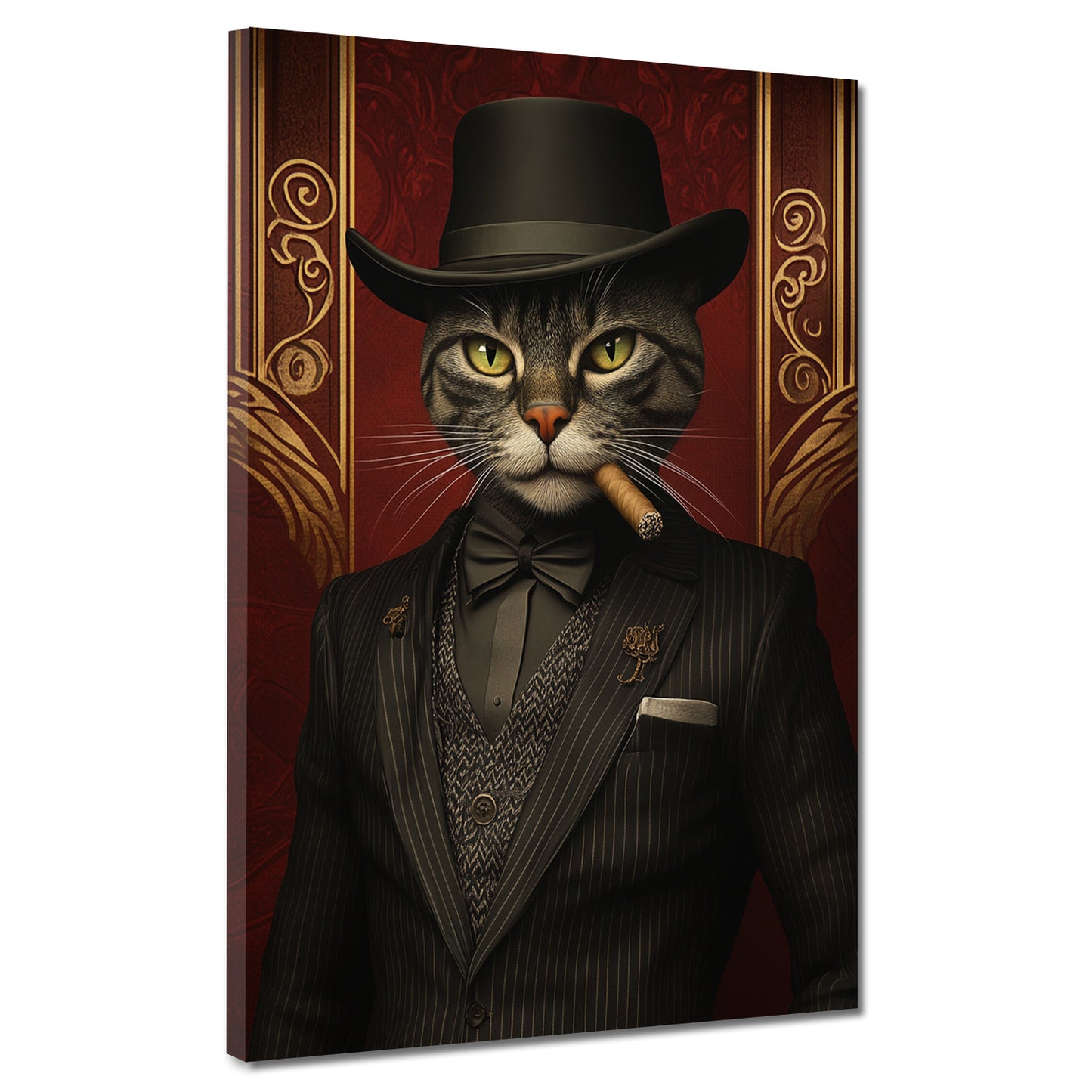 Quadro gatto elegante che fuma con cappello abito stile vintage moderno
