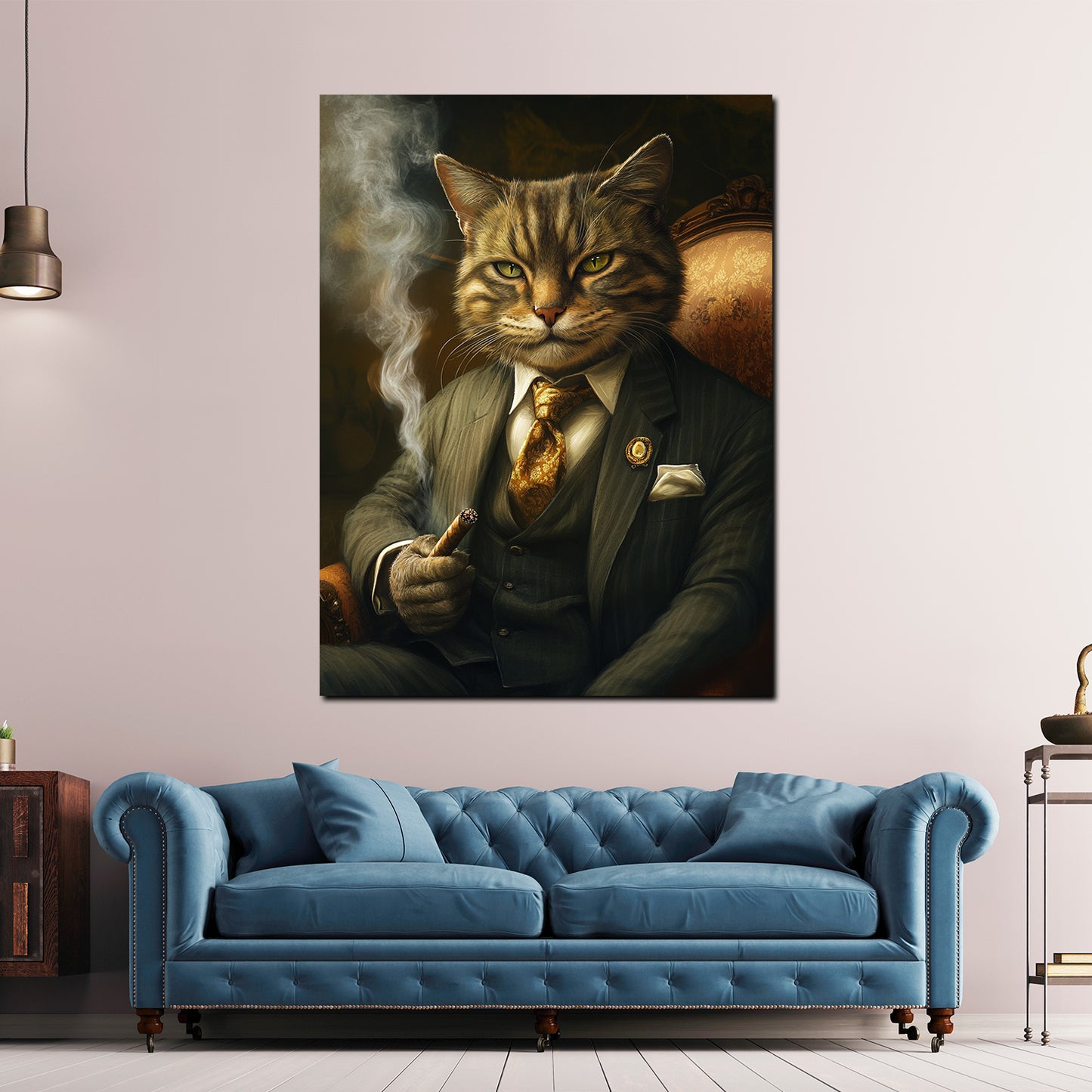 Quadro gatto elegante che fuma in abito successo potere moderno