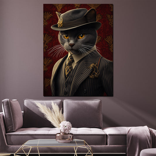 Quadro gatto nero elegante con cappello abito stile vintage