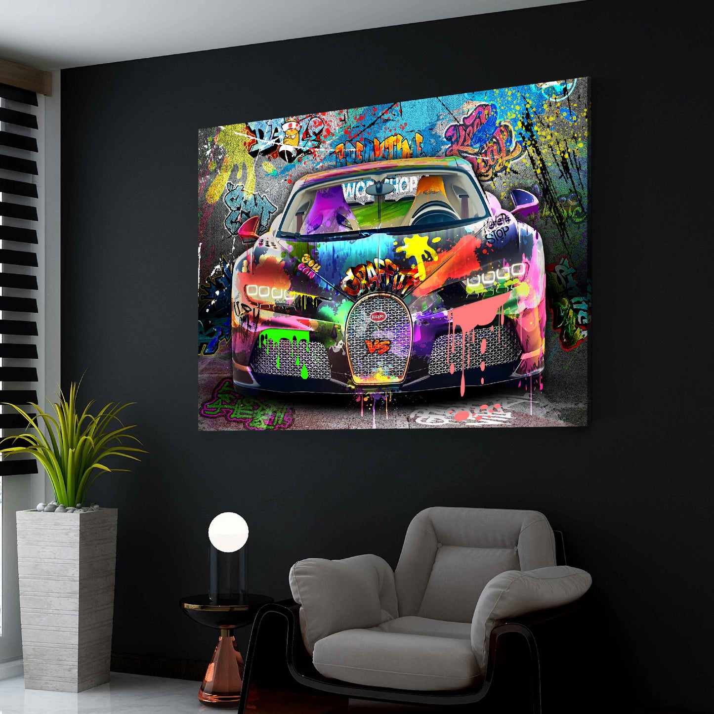 Quadro graffiti auto sportiva arte urbana pop art colorato
