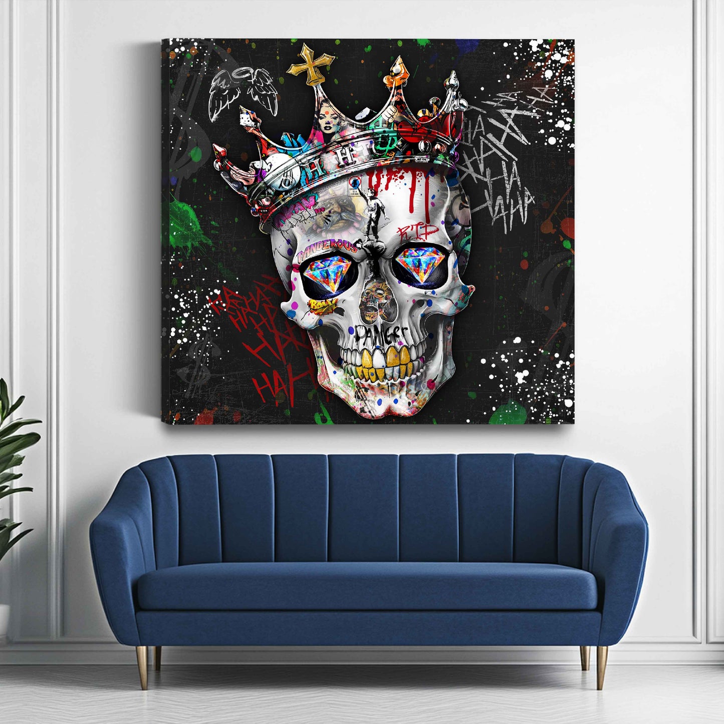 Quadro graffiti teschio corona diamanti ribelle street art moderno