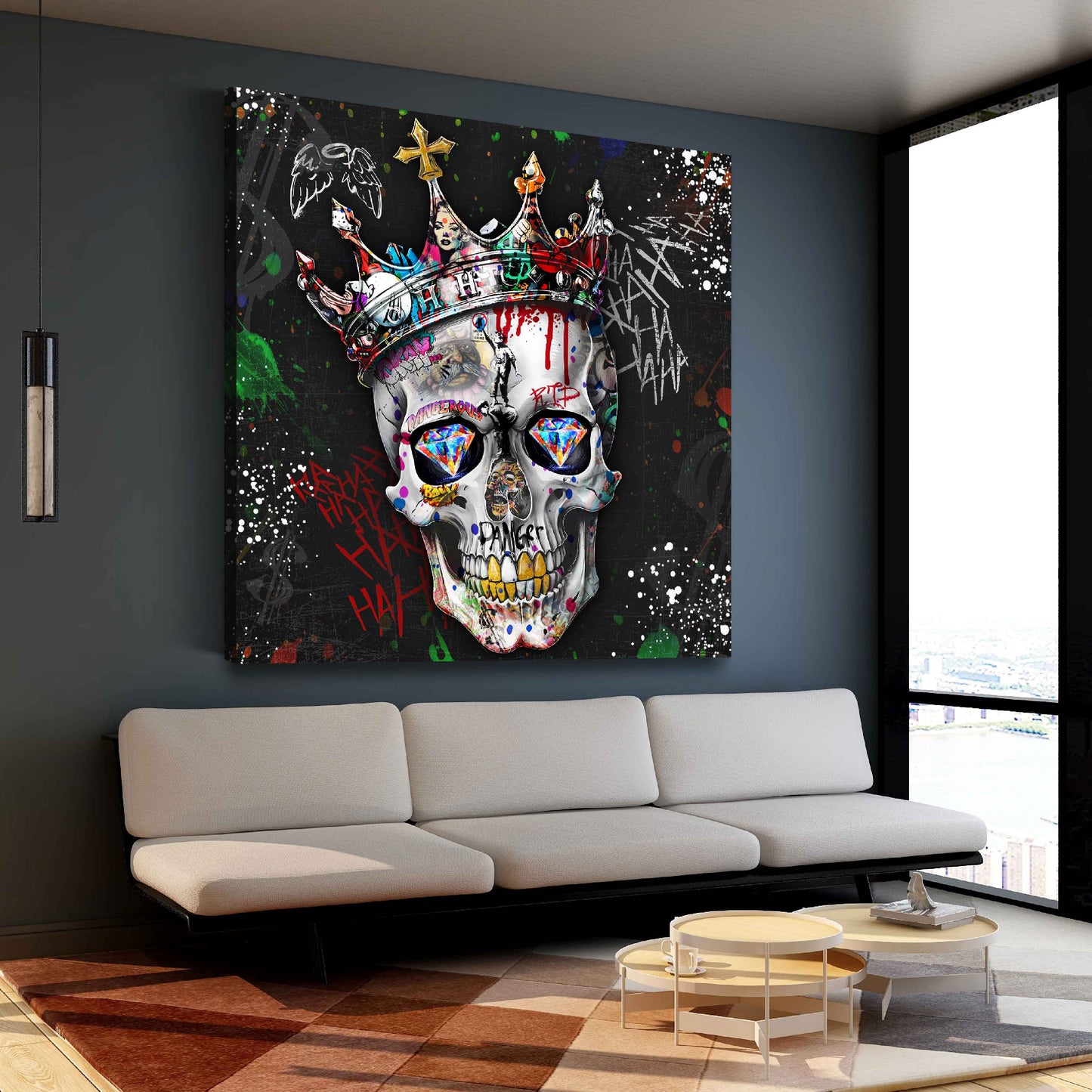 Quadro graffiti teschio corona diamanti ribelle street art moderno