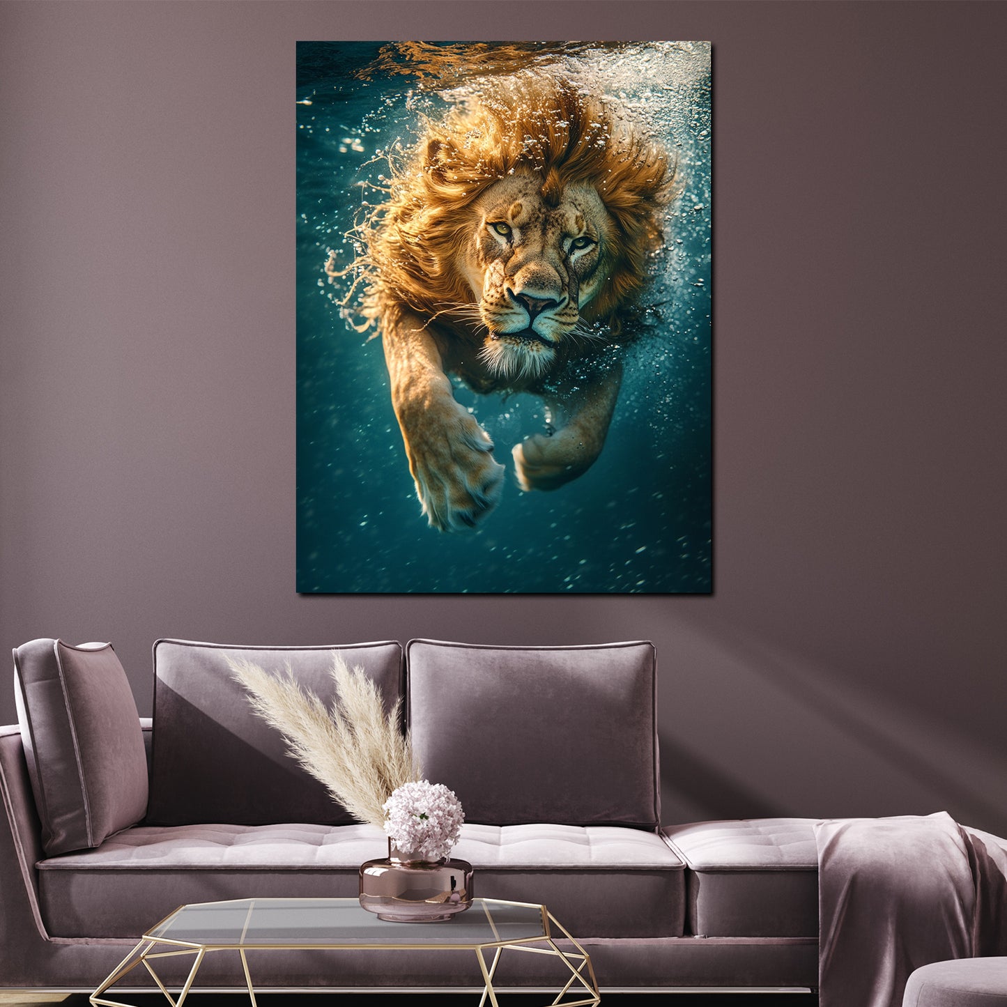 Quadro leone che si tuffa nell'acqua potenza animale