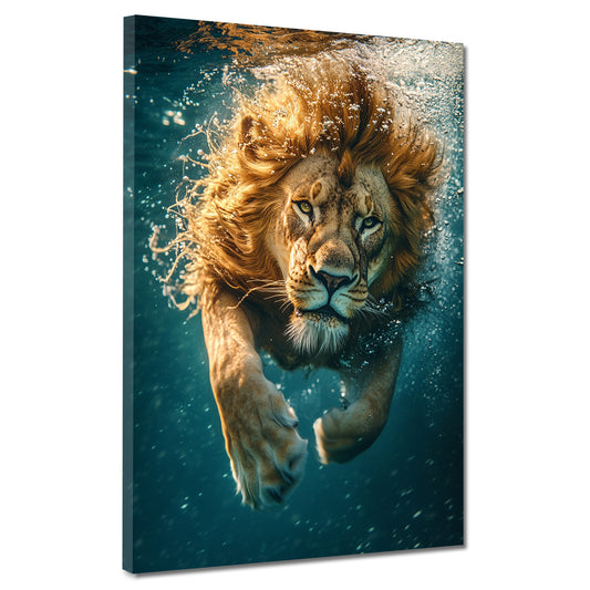Quadro leone che si tuffa nell'acqua potenza animale