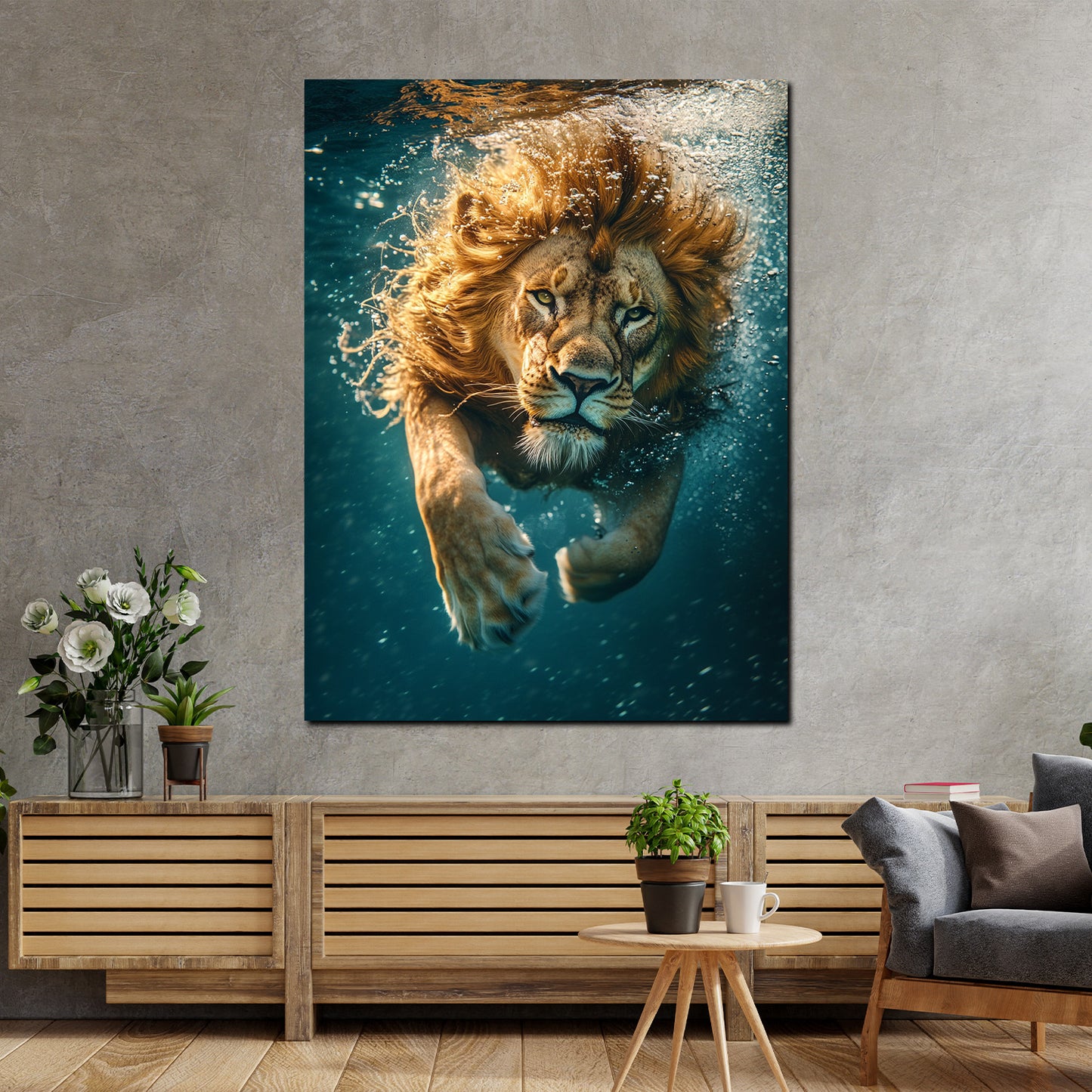 Quadro leone che si tuffa nell'acqua potenza animale