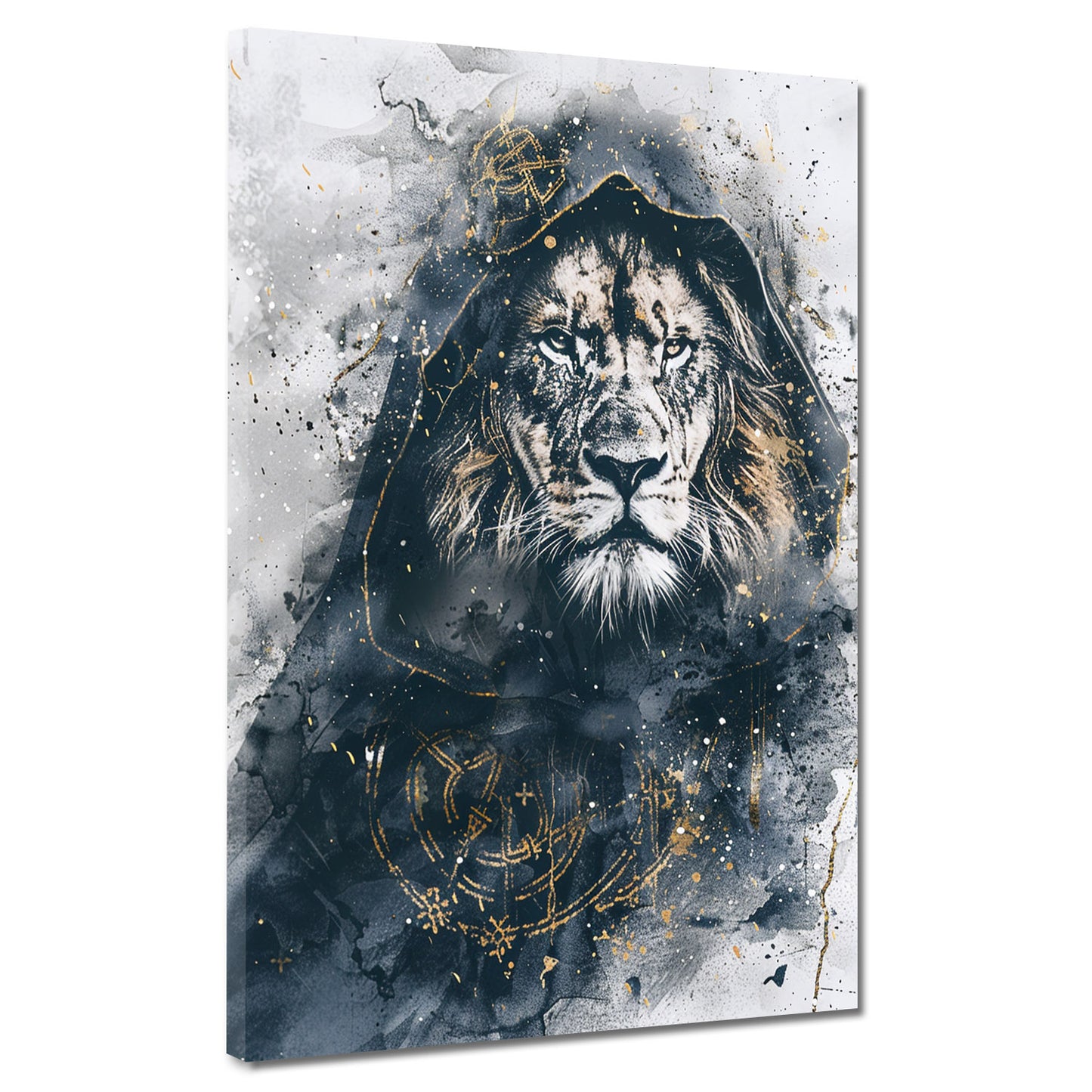 Quadro leone con cappuccio dettagli dorati arte moderna