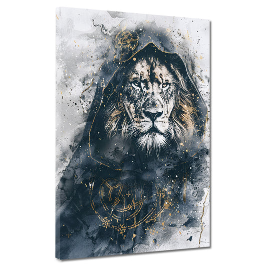 Quadro leone con cappuccio dettagli dorati arte moderna