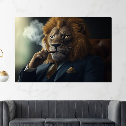 Quadro leone con sigaro eleganza potere successo moderno