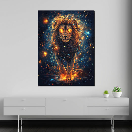 Quadro leone fiammeggiante maestoso moderno mistico