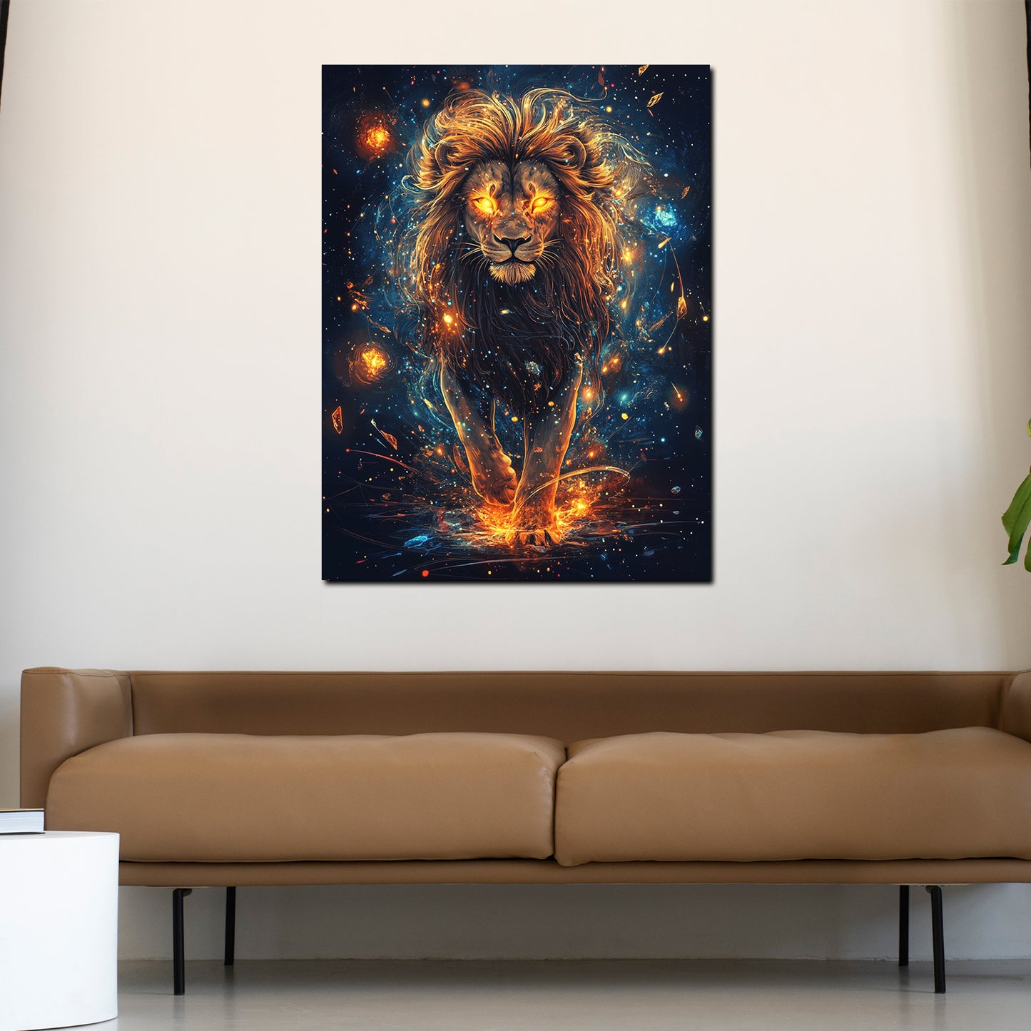 Quadro leone fiammeggiante maestoso moderno mistico