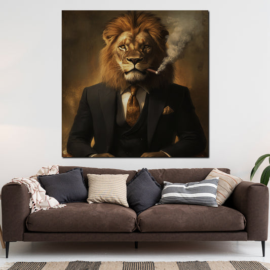 Quadro leone fiero elegante che fuma successo potere ispirazione