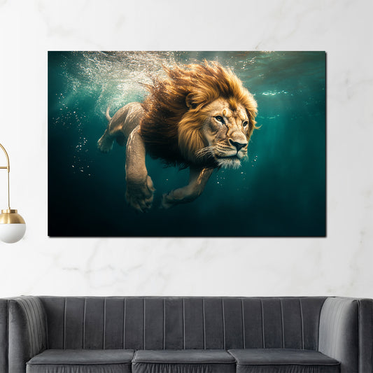 Quadro leone maestoso che nuota avventura forza natura moderno