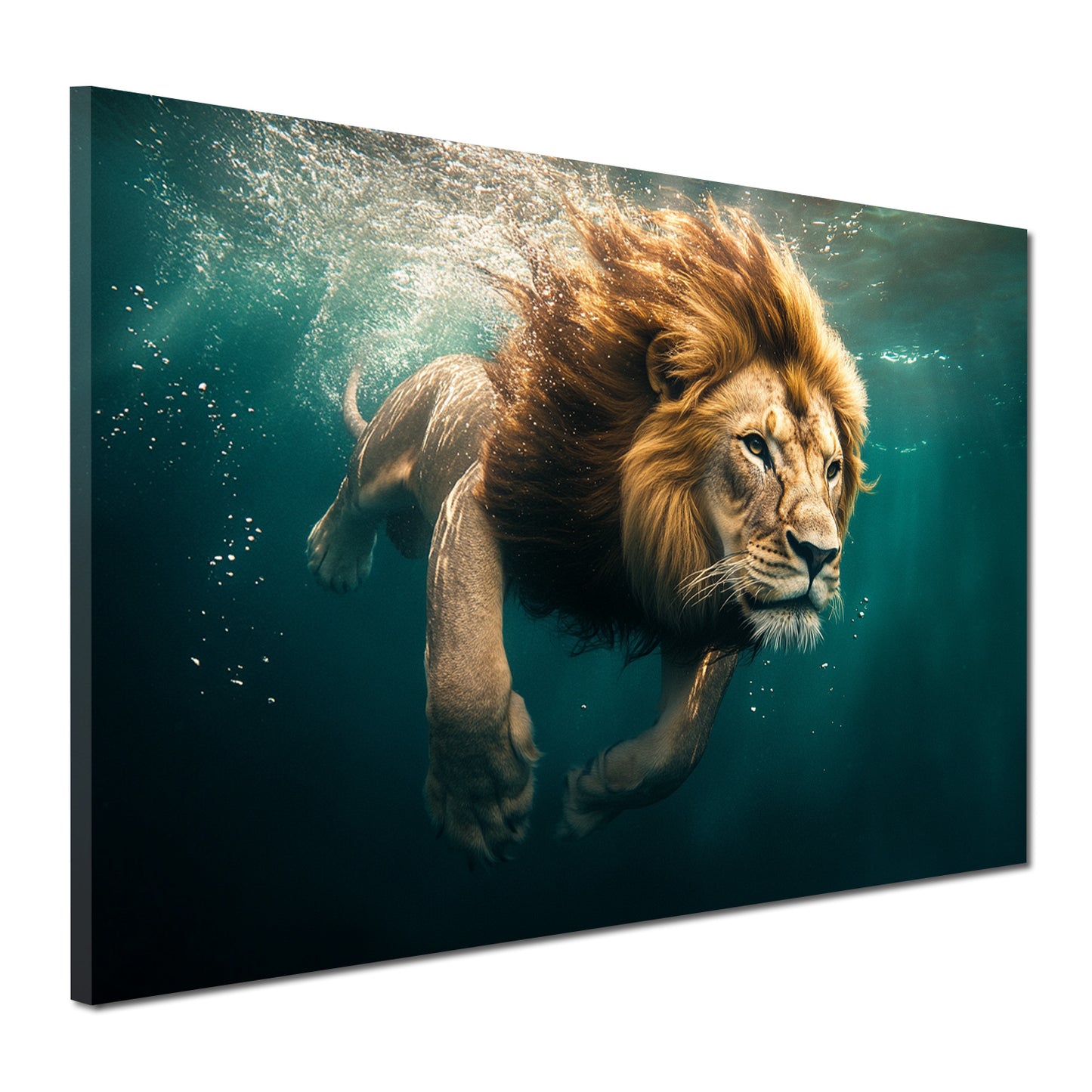 Quadro leone maestoso che nuota avventura forza natura moderno