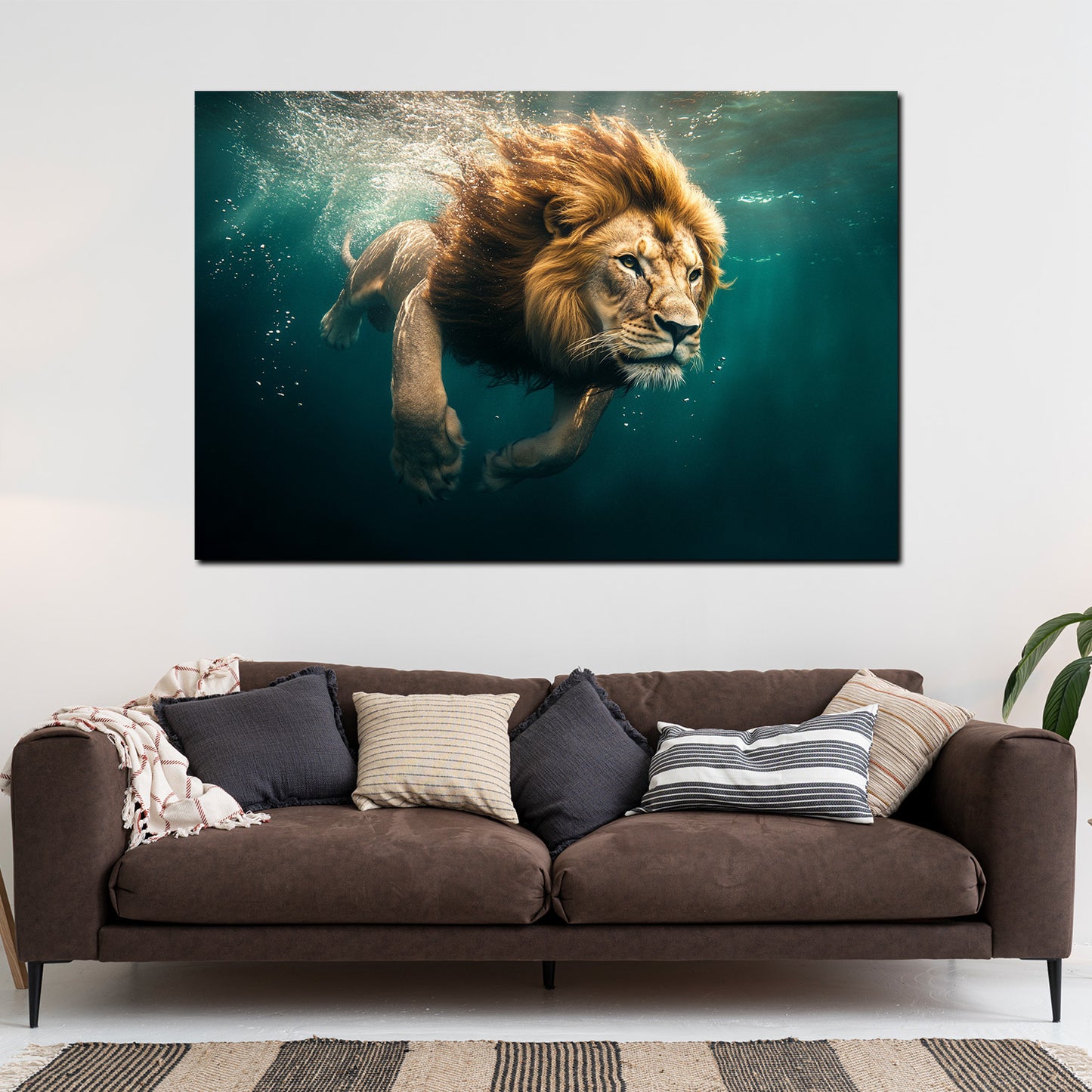 Quadro leone maestoso che nuota avventura forza natura moderno