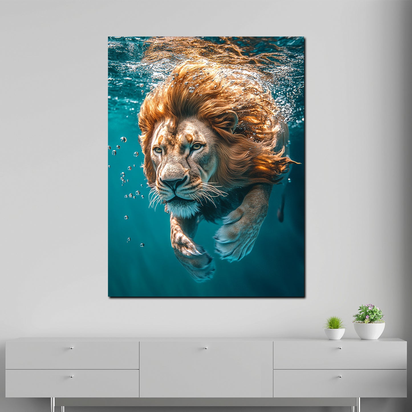 Quadro leone nell'acqua concentrato forza animale selvaggio