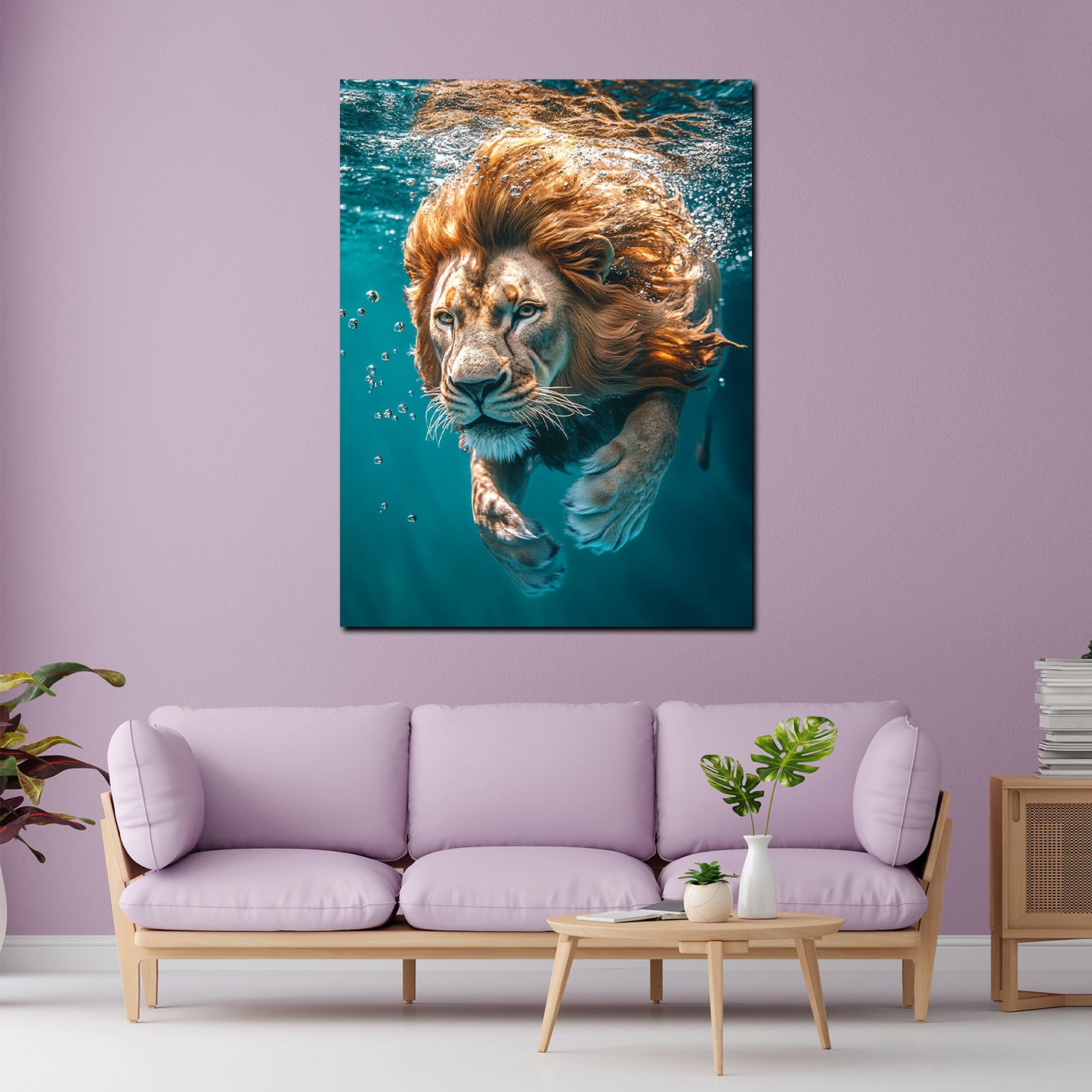 Quadro leone nell'acqua concentrato forza animale selvaggio